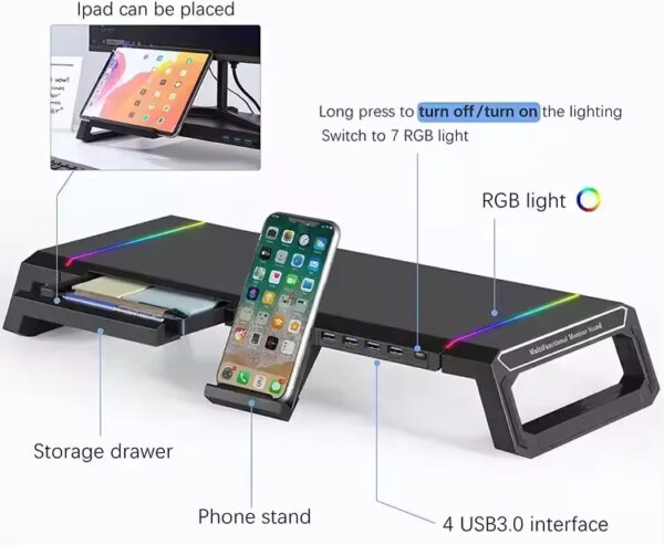 Aluminum PC Monitor Stand – 4 USB Ports with USB 3.0 Fast Charging & Keyboard Storage | Space-Saving Laptop Stand